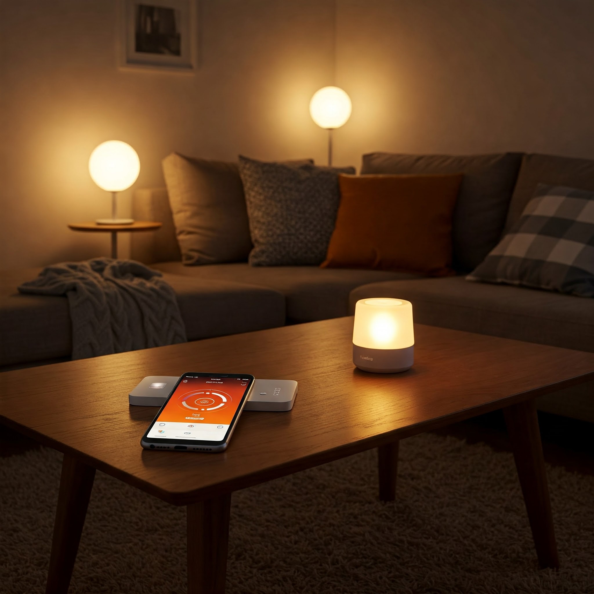Image: A living room with warm, dimmed smart lights