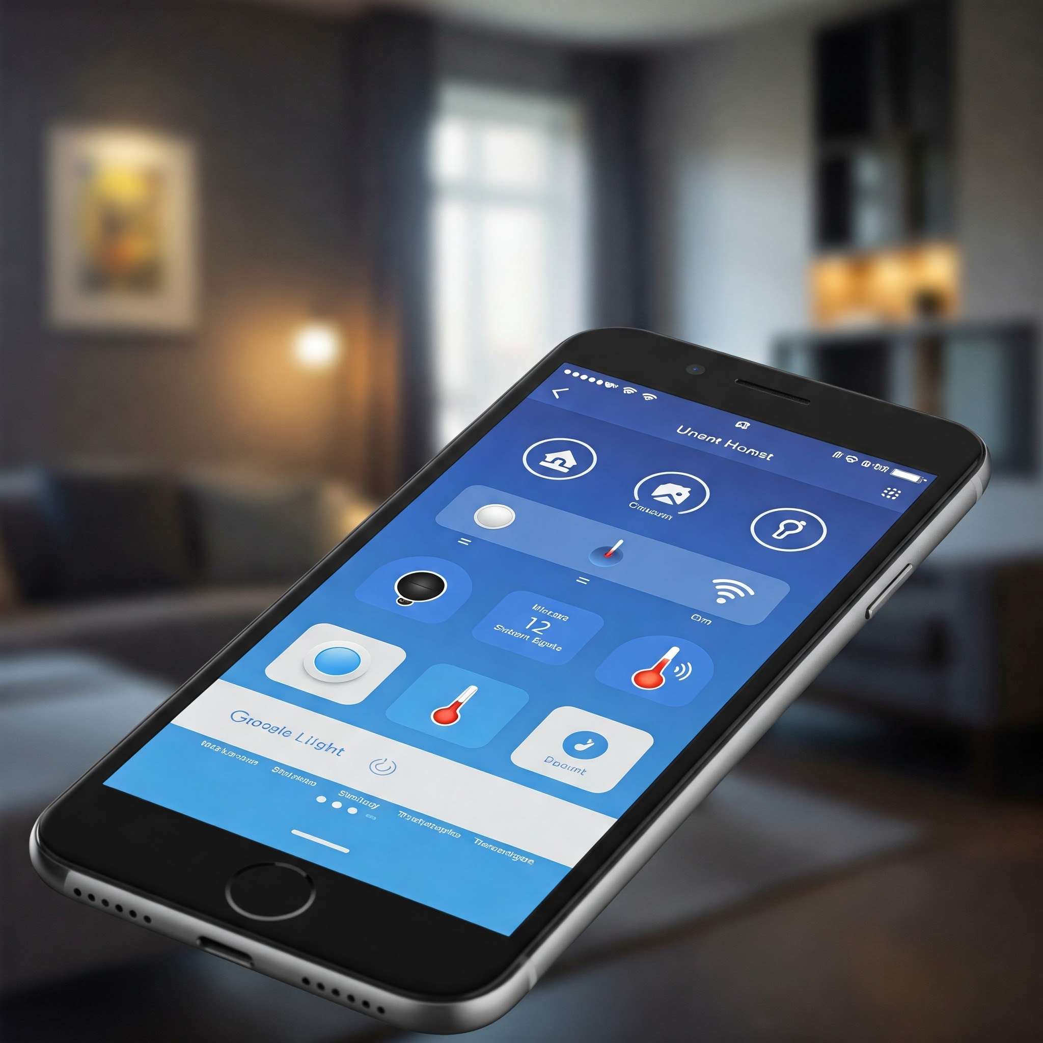 Image: A smartphone displaying a smart home app controlling lights and thermostat