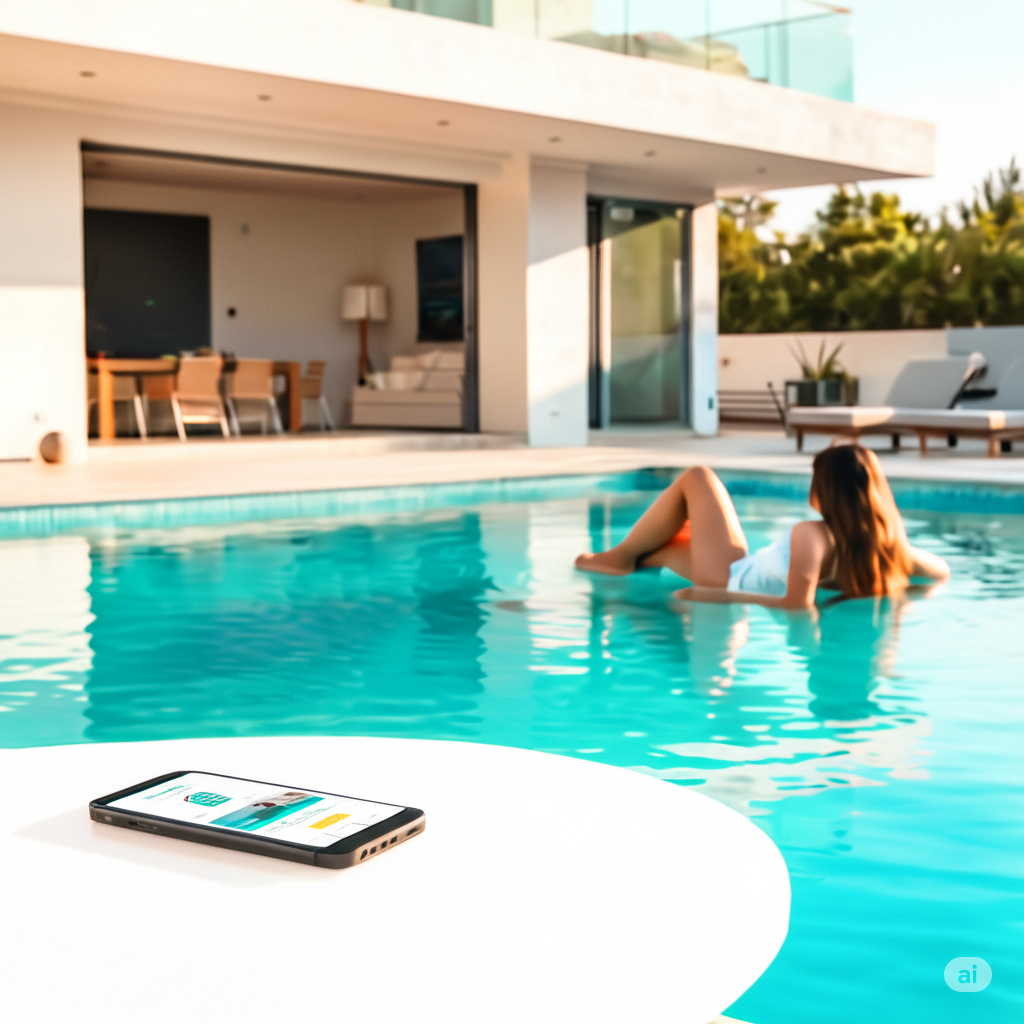 Image: A house-sitter relaxing by a pool in a modern home