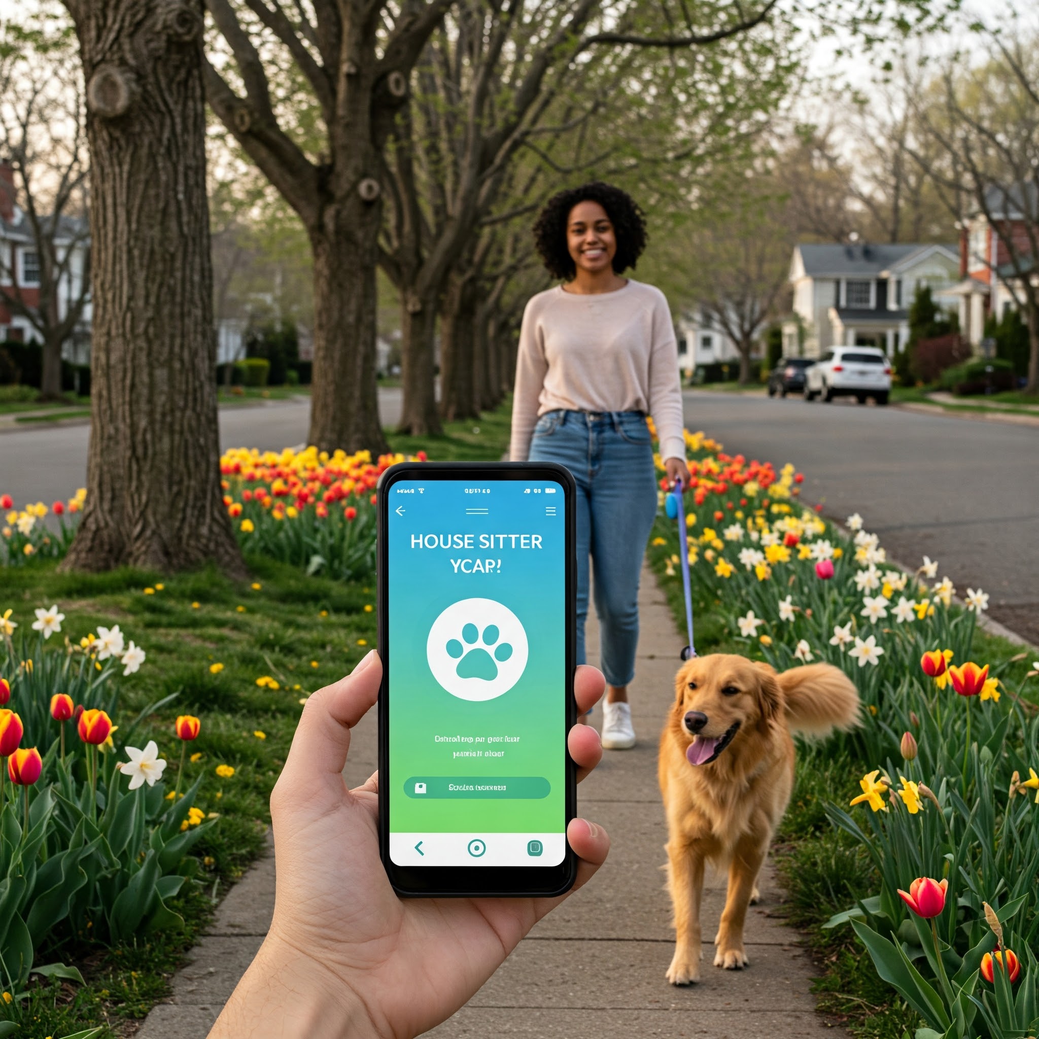 Image: A house-sitter walking a dog in a scenic neighborhood