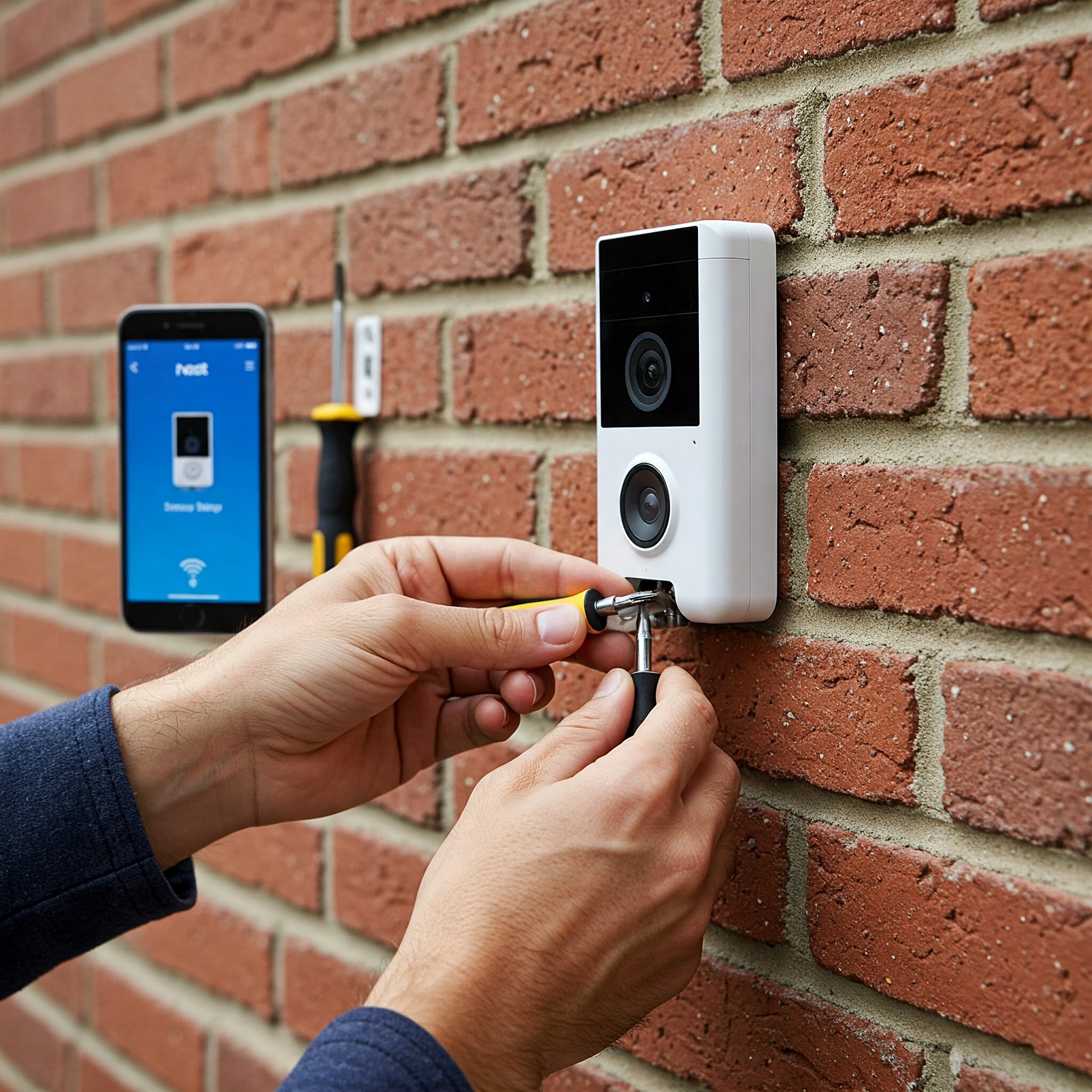 Image: A person installing a smart doorbell with a screwdriver