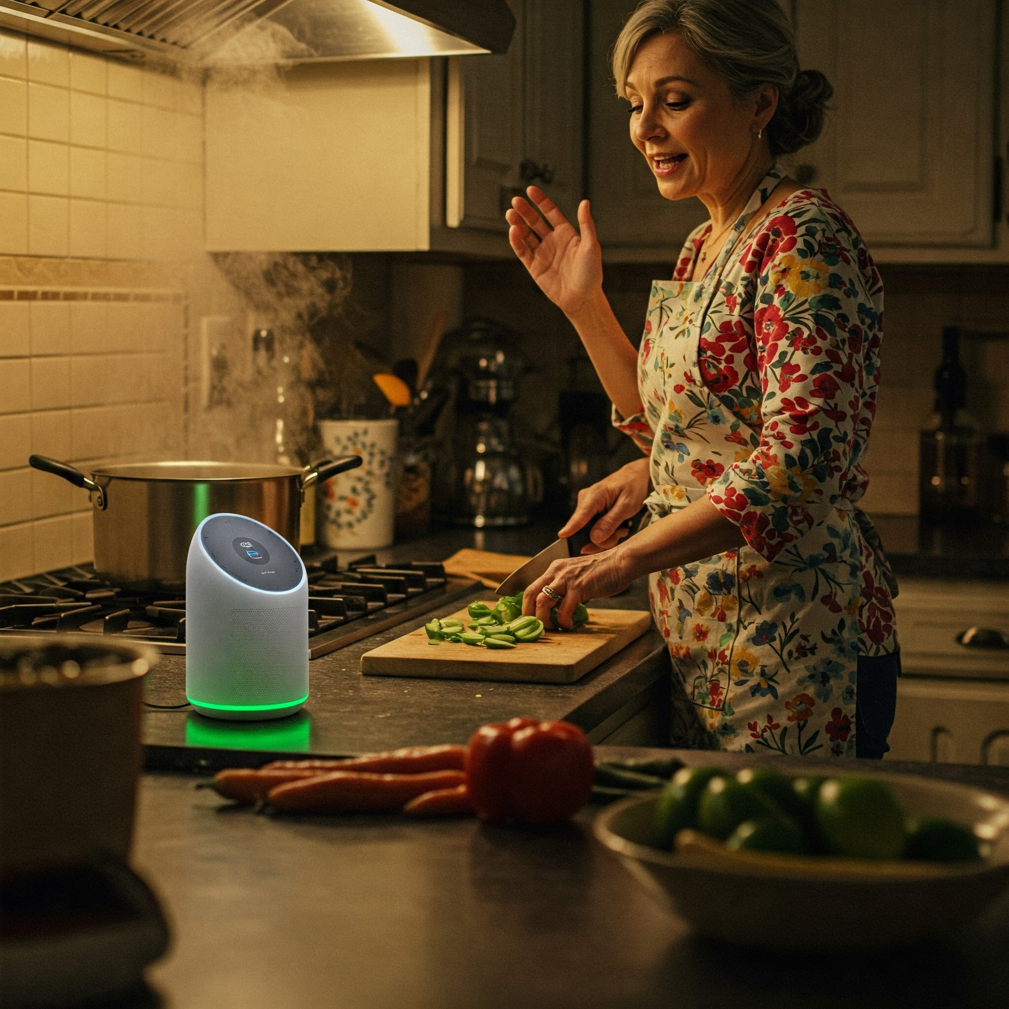 Image: A person speaking to a smart speaker while cooking
